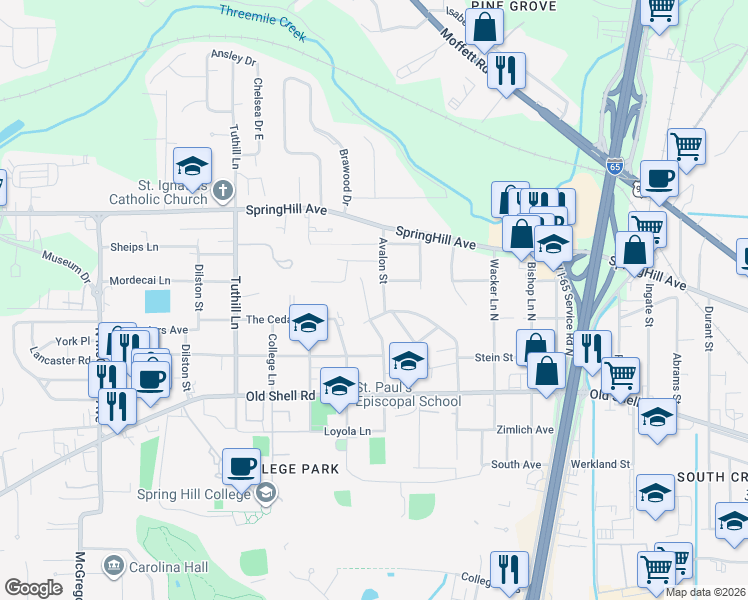map of restaurants, bars, coffee shops, grocery stores, and more near 134 Myrtlewood Lane in Mobile