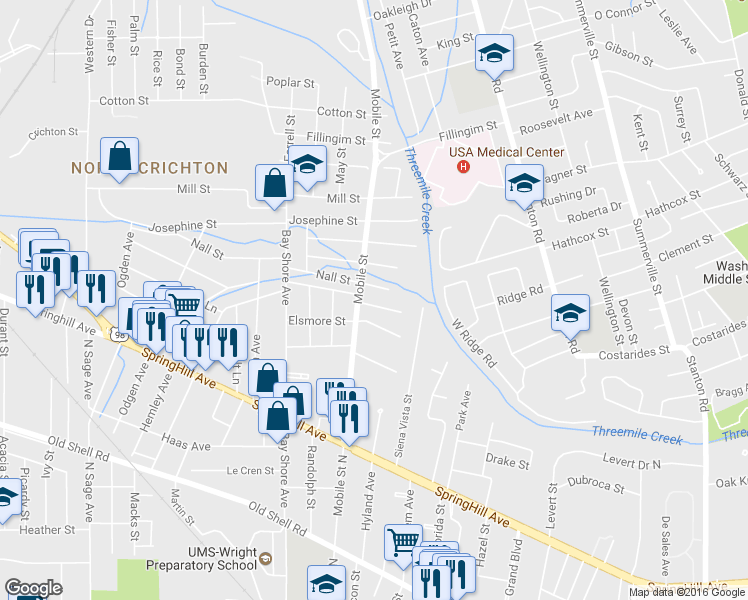 map of restaurants, bars, coffee shops, grocery stores, and more near 2670 Hayles Street in Mobile