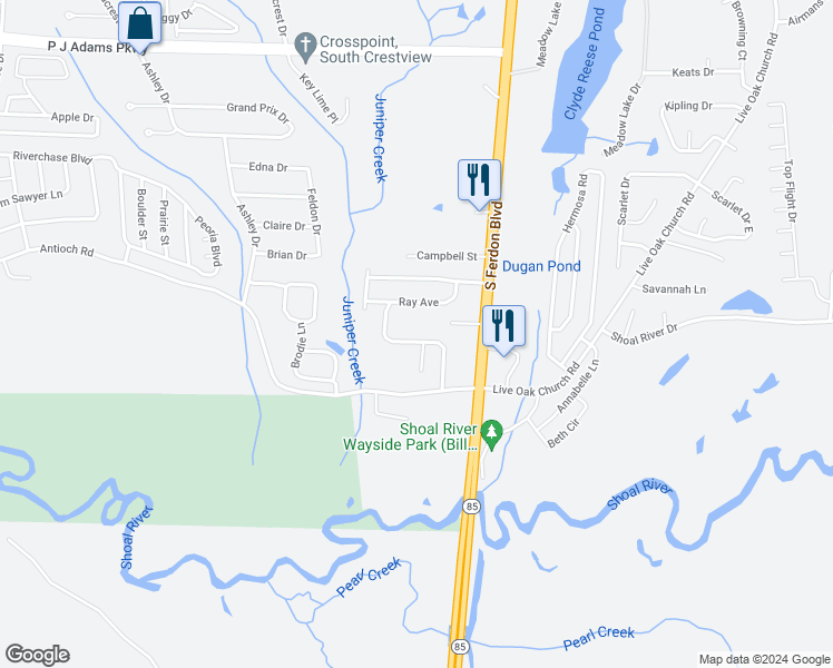 map of restaurants, bars, coffee shops, grocery stores, and more near 418 Northview Lane in Crestview
