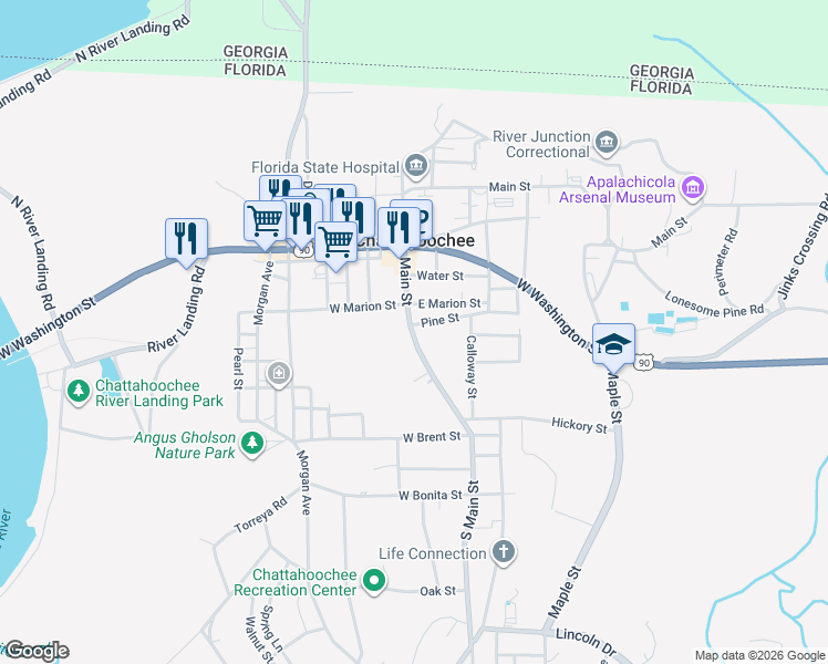 map of restaurants, bars, coffee shops, grocery stores, and more near 305 County Road 269 in Chattahoochee