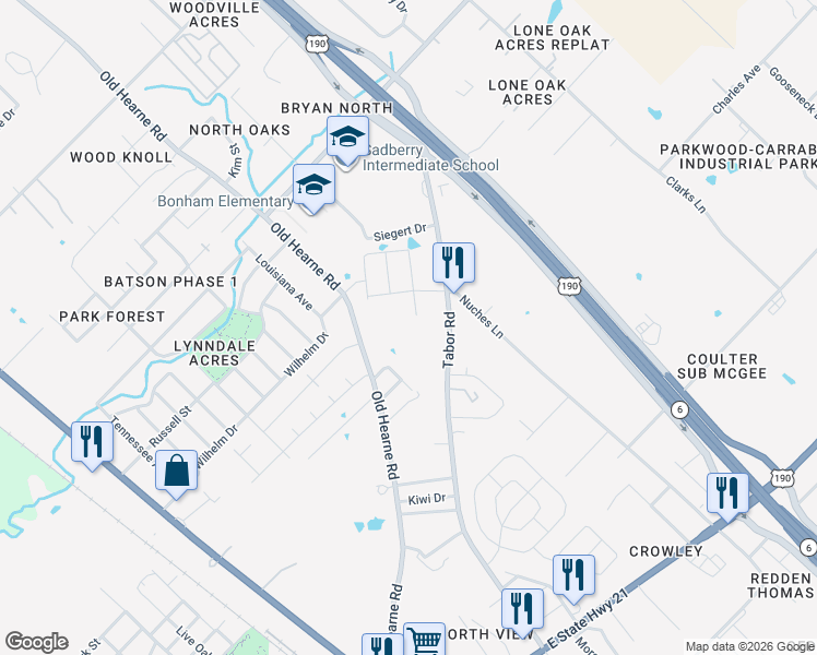 map of restaurants, bars, coffee shops, grocery stores, and more near 2712 Hefti Circle in Bryan