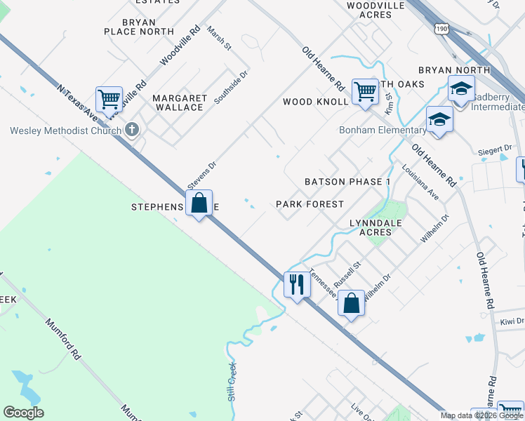 map of restaurants, bars, coffee shops, grocery stores, and more near 1920 Lightfoot Lane in Bryan