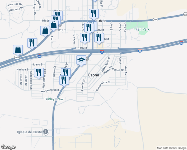 map of restaurants, bars, coffee shops, grocery stores, and more near in Ozona
