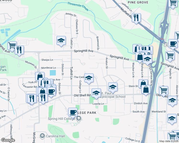 map of restaurants, bars, coffee shops, grocery stores, and more near 3637 Longview Lane in Mobile