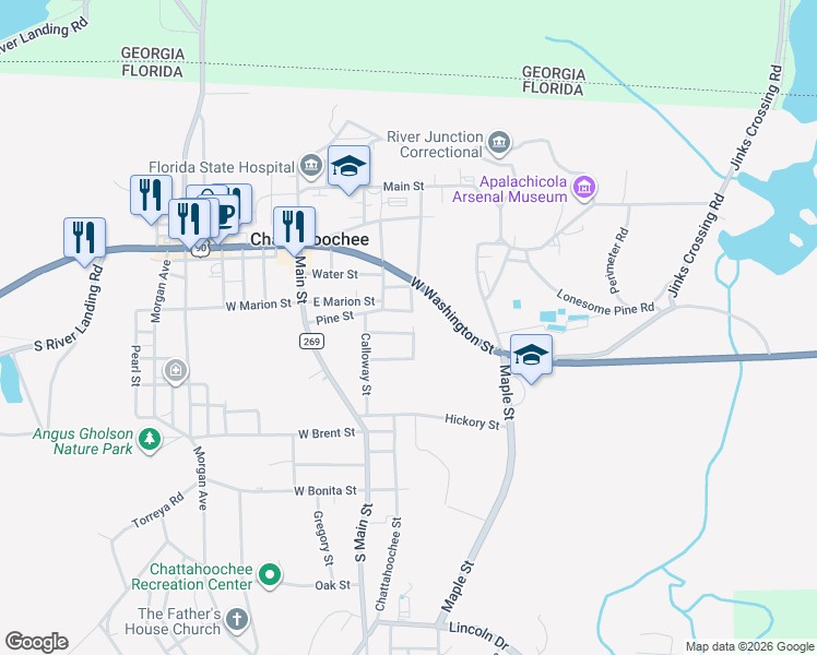 map of restaurants, bars, coffee shops, grocery stores, and more near 270 State Street in Chattahoochee