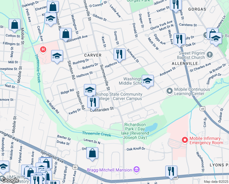 map of restaurants, bars, coffee shops, grocery stores, and more near 451 Driver Street in Mobile