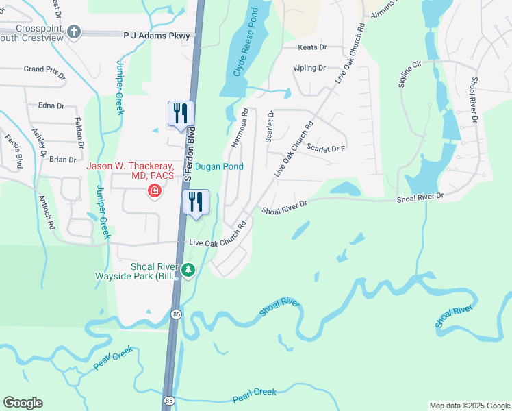map of restaurants, bars, coffee shops, grocery stores, and more near 83 Shoal River Drive in Crestview