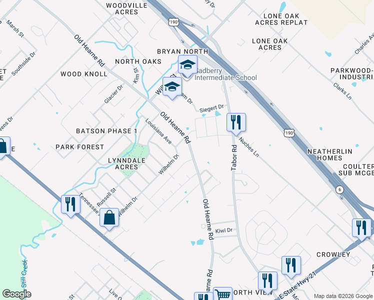 map of restaurants, bars, coffee shops, grocery stores, and more near 2602 Old Hearne Road in Bryan