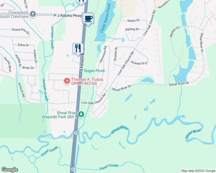 map of restaurants, bars, coffee shops, grocery stores, and more near 4636 Hermosa Road in Crestview