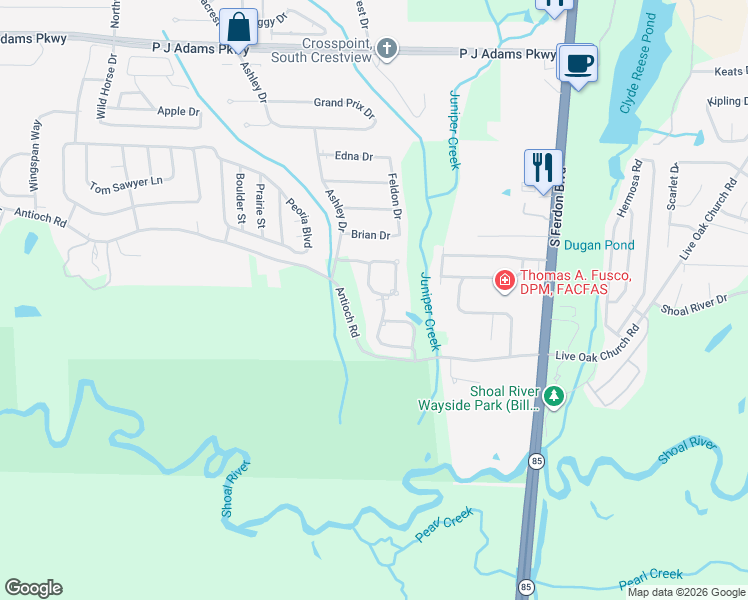 map of restaurants, bars, coffee shops, grocery stores, and more near 2648 Brodie Lane in Crestview