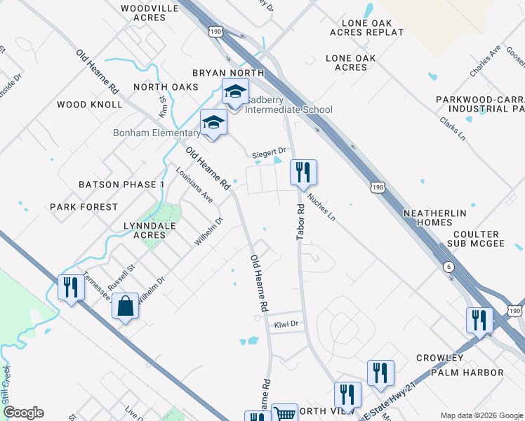 map of restaurants, bars, coffee shops, grocery stores, and more near 2712 Hefti Circle in Bryan