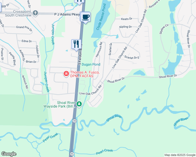 map of restaurants, bars, coffee shops, grocery stores, and more near 4406 Mirada Way in Crestview