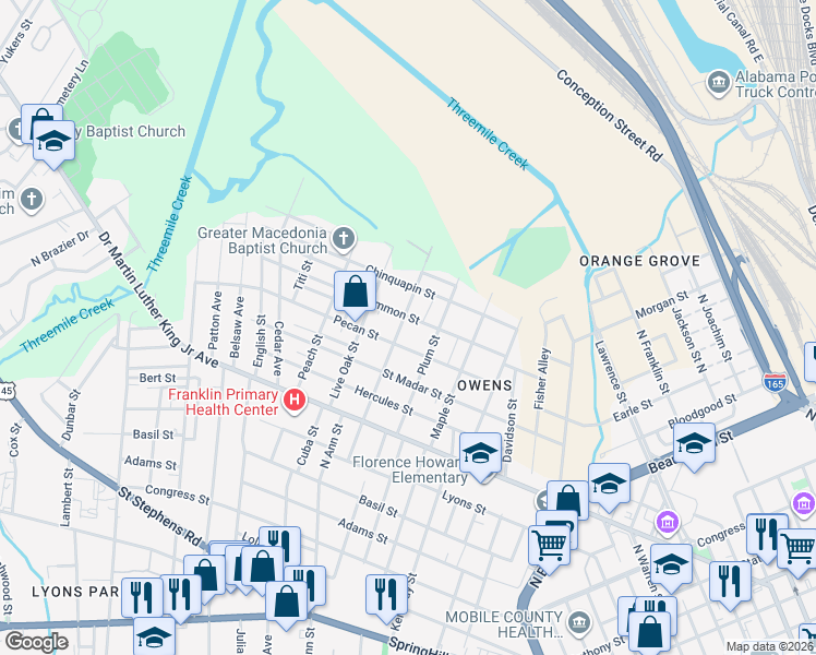 map of restaurants, bars, coffee shops, grocery stores, and more near 1250 Pecan Street in Mobile