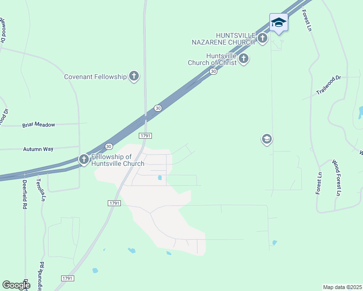 map of restaurants, bars, coffee shops, grocery stores, and more near 21 Farm to Market 1791 in Huntsville