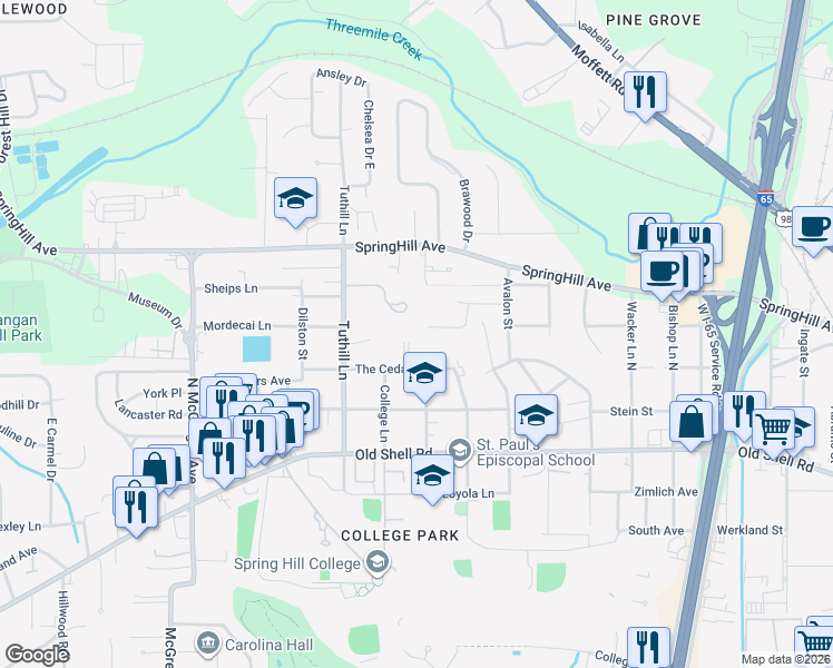 map of restaurants, bars, coffee shops, grocery stores, and more near 3637 Longview Lane in Mobile
