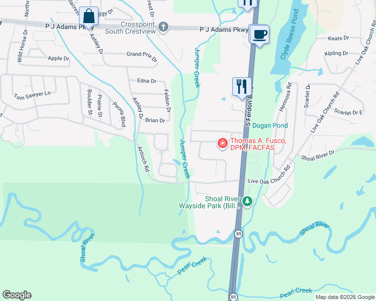 map of restaurants, bars, coffee shops, grocery stores, and more near 411 Northview Lane in Crestview
