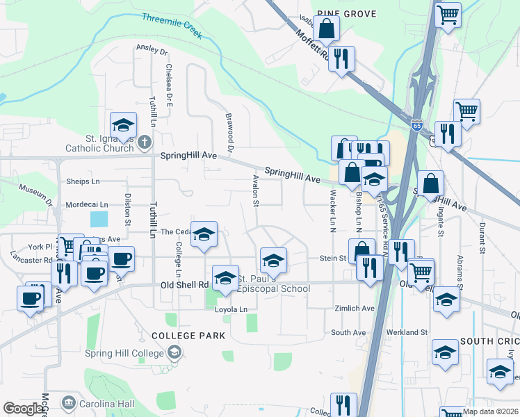 map of restaurants, bars, coffee shops, grocery stores, and more near 134 Myrtlewood Ln in Mobile