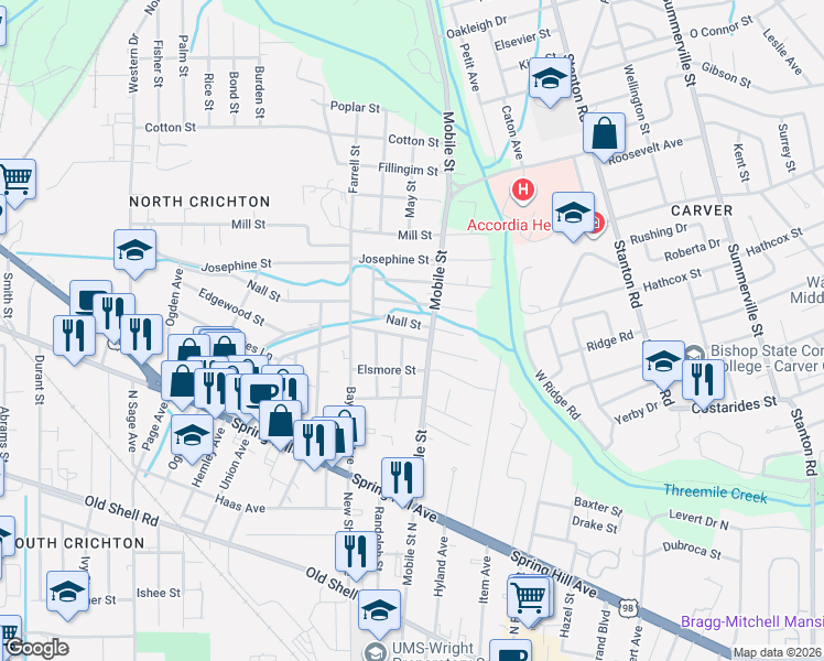 map of restaurants, bars, coffee shops, grocery stores, and more near 370 Fredonia Street in Mobile