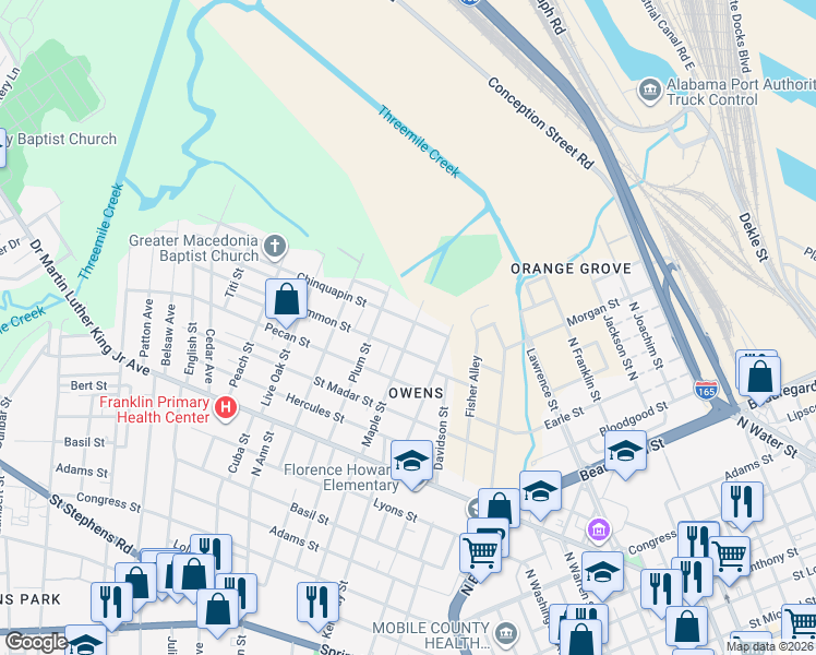 map of restaurants, bars, coffee shops, grocery stores, and more near 1153 Persimmon Street in Mobile