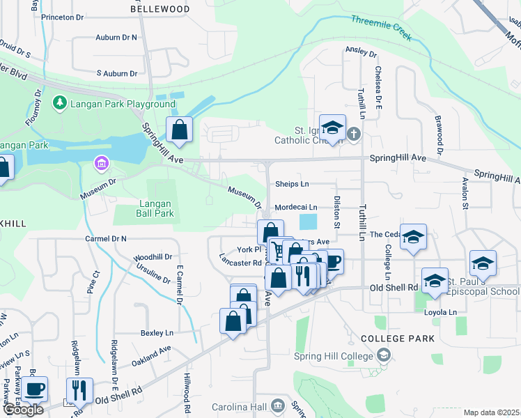 map of restaurants, bars, coffee shops, grocery stores, and more near 733 Museum Drive in Mobile