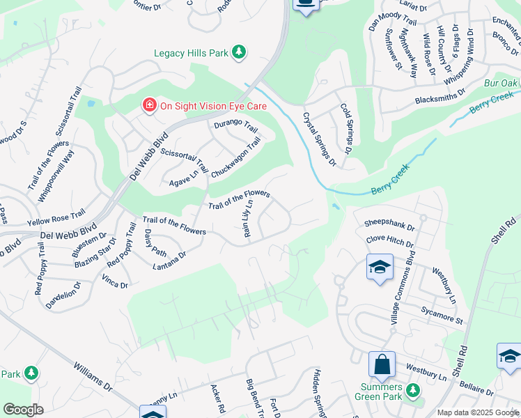 map of restaurants, bars, coffee shops, grocery stores, and more near 121 Coreopsis Way in Georgetown