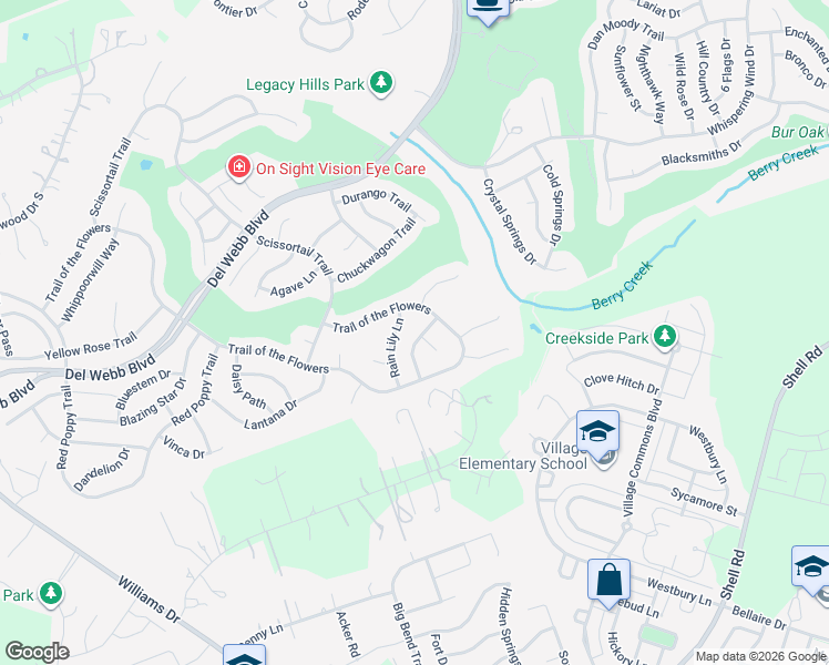 map of restaurants, bars, coffee shops, grocery stores, and more near 296 Trail of the Flowers in Georgetown