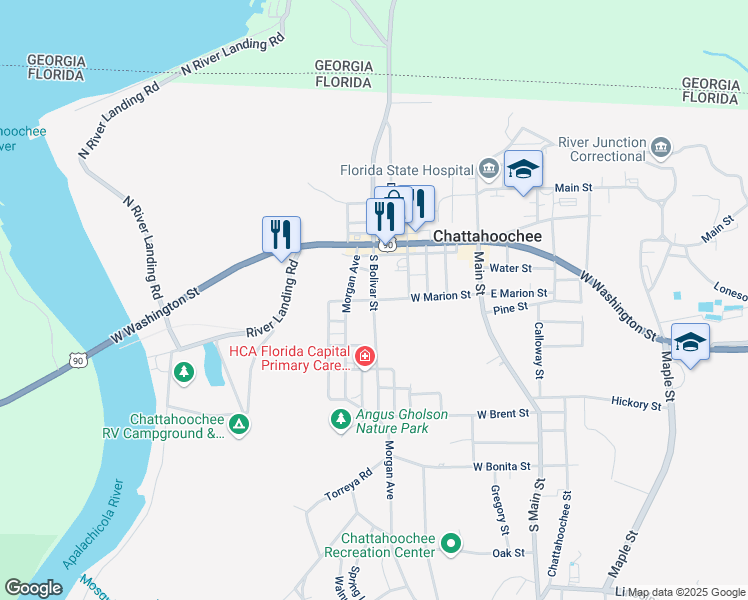 map of restaurants, bars, coffee shops, grocery stores, and more near 201 South Bolivar Street in Chattahoochee