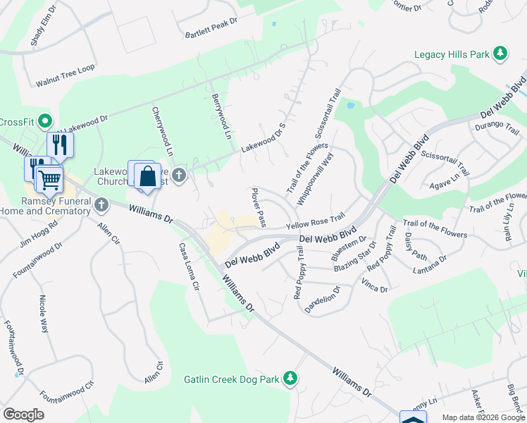 map of restaurants, bars, coffee shops, grocery stores, and more near 104 Plover Pass in Georgetown