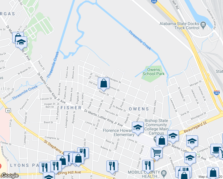 map of restaurants, bars, coffee shops, grocery stores, and more near 1259 Persimmon Street in Mobile