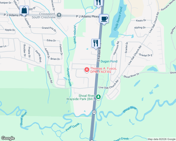 map of restaurants, bars, coffee shops, grocery stores, and more near 311 Ray Avenue in Crestview