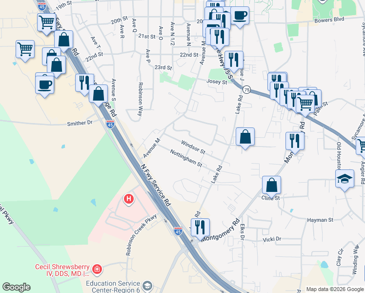 map of restaurants, bars, coffee shops, grocery stores, and more near 1409 Windsor Street in Huntsville