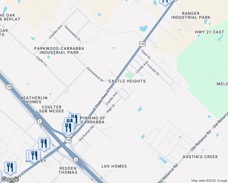 map of restaurants, bars, coffee shops, grocery stores, and more near 1505 George Street in Bryan