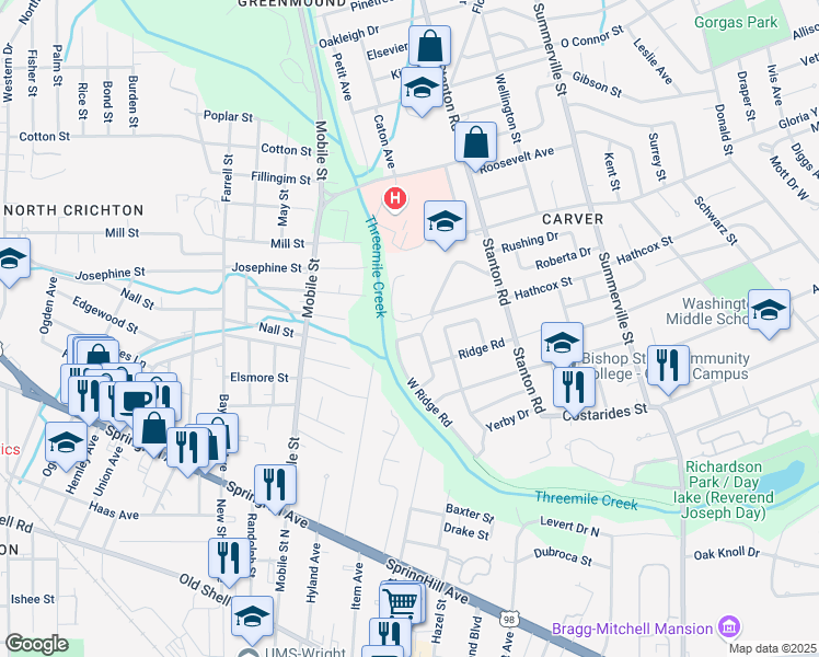 map of restaurants, bars, coffee shops, grocery stores, and more near Goodwill Avenue in Mobile