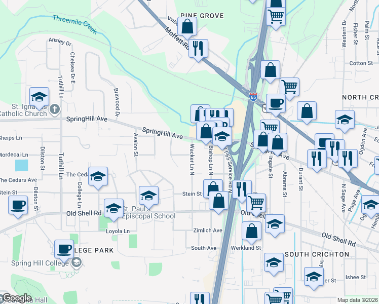 map of restaurants, bars, coffee shops, grocery stores, and more near 3503 SpringHill Avenue in Mobile