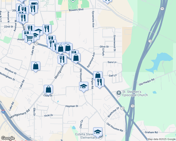 map of restaurants, bars, coffee shops, grocery stores, and more near 2530 Sycamore Avenue in Huntsville
