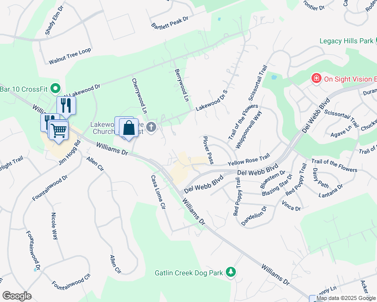 map of restaurants, bars, coffee shops, grocery stores, and more near 60 Del Webb Boulevard in Georgetown