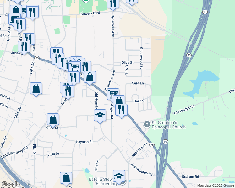 map of restaurants, bars, coffee shops, grocery stores, and more near 3019 Sam Houston Avenue in Huntsville