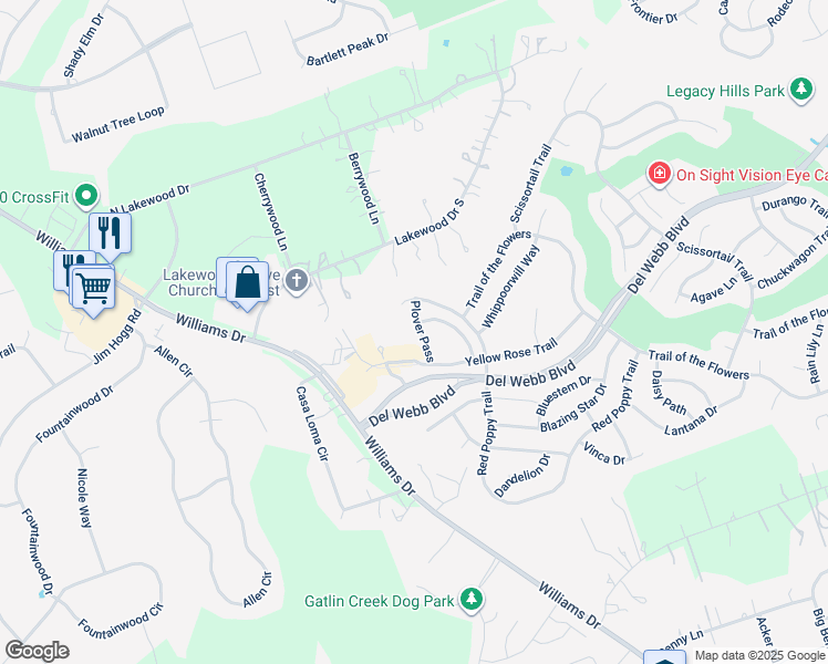 map of restaurants, bars, coffee shops, grocery stores, and more near 109 Plover Pass in Georgetown