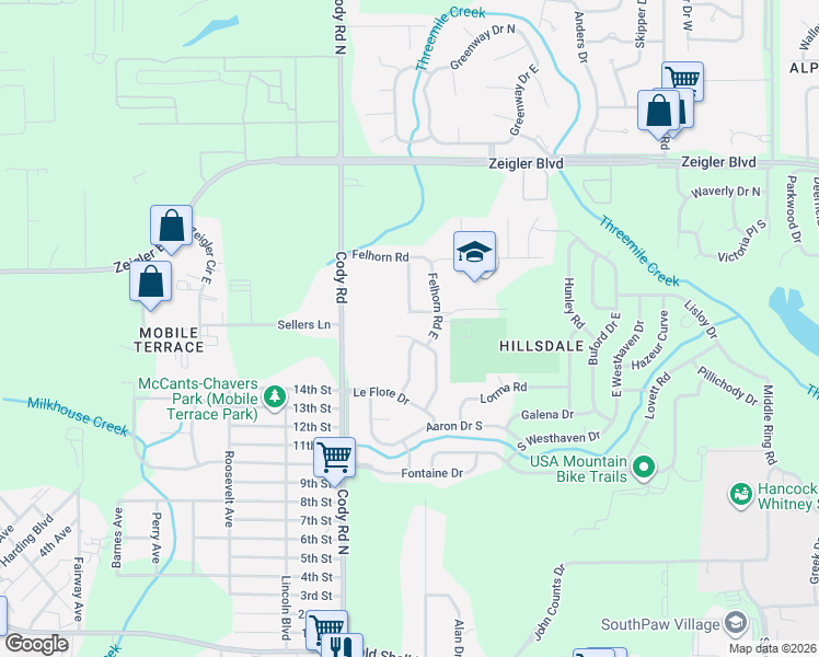 map of restaurants, bars, coffee shops, grocery stores, and more near 6405 S Roslyn Dr in Mobile