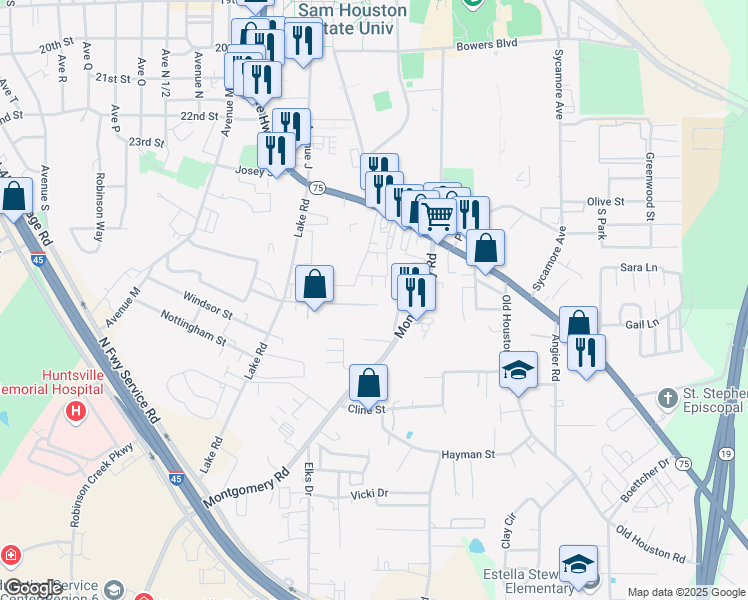 map of restaurants, bars, coffee shops, grocery stores, and more near 219 Lakeridge Lane in Huntsville