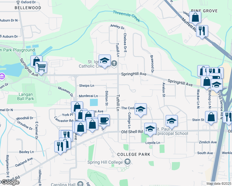 map of restaurants, bars, coffee shops, grocery stores, and more near 429 Tuthill Lane in Mobile
