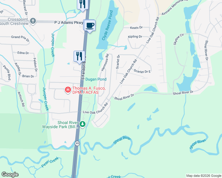 map of restaurants, bars, coffee shops, grocery stores, and more near 4624 Hermosa Road in Crestview