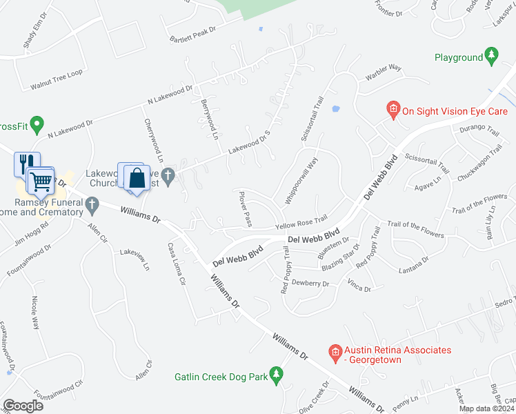 map of restaurants, bars, coffee shops, grocery stores, and more near 107 Whitewing Way in Georgetown