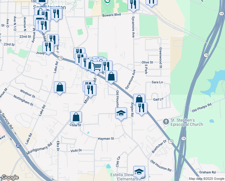 map of restaurants, bars, coffee shops, grocery stores, and more near 2812 Sam Houston Avenue in Huntsville