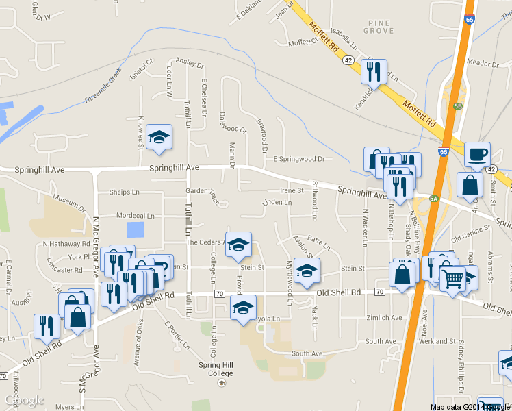 map of restaurants, bars, coffee shops, grocery stores, and more near 3700 Linden Lane in Mobile
