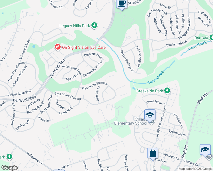 map of restaurants, bars, coffee shops, grocery stores, and more near 296 Trail of the Flowers in Georgetown