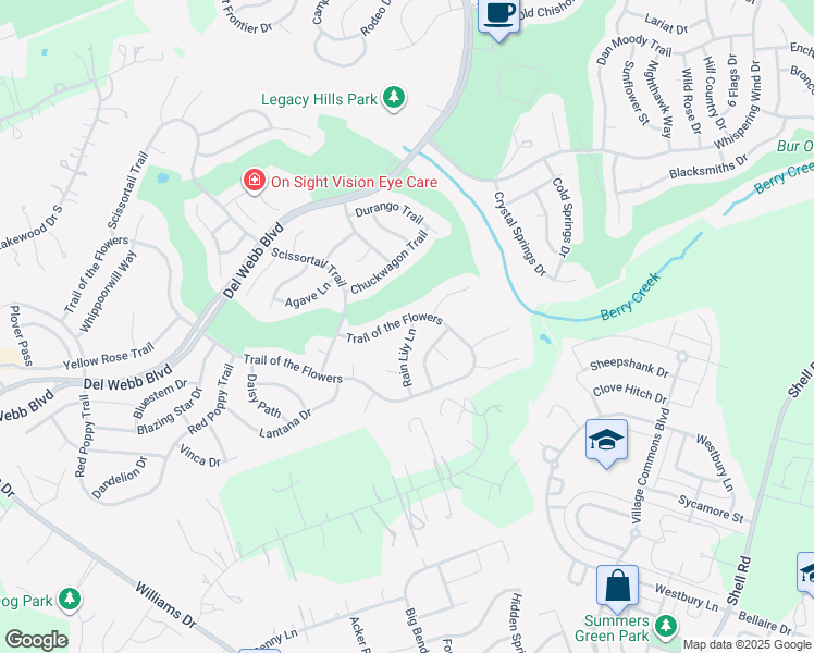 map of restaurants, bars, coffee shops, grocery stores, and more near 127 Rain Lily Lane in Georgetown
