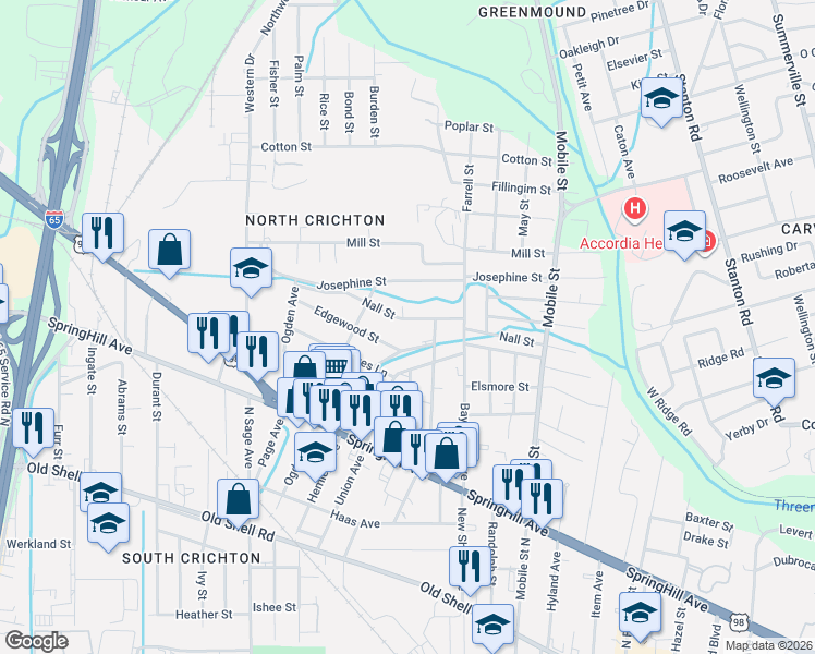 map of restaurants, bars, coffee shops, grocery stores, and more near 2813 Nall Street in Mobile