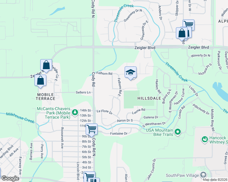map of restaurants, bars, coffee shops, grocery stores, and more near 6405 S Roslyn Dr in Mobile