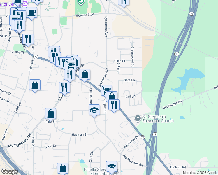 map of restaurants, bars, coffee shops, grocery stores, and more near 3019 Sam Houston Avenue in Huntsville